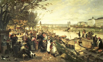 Gyümölcspiac Schazelben, a Mária Terézia híd közelében, Bécsben, 1895